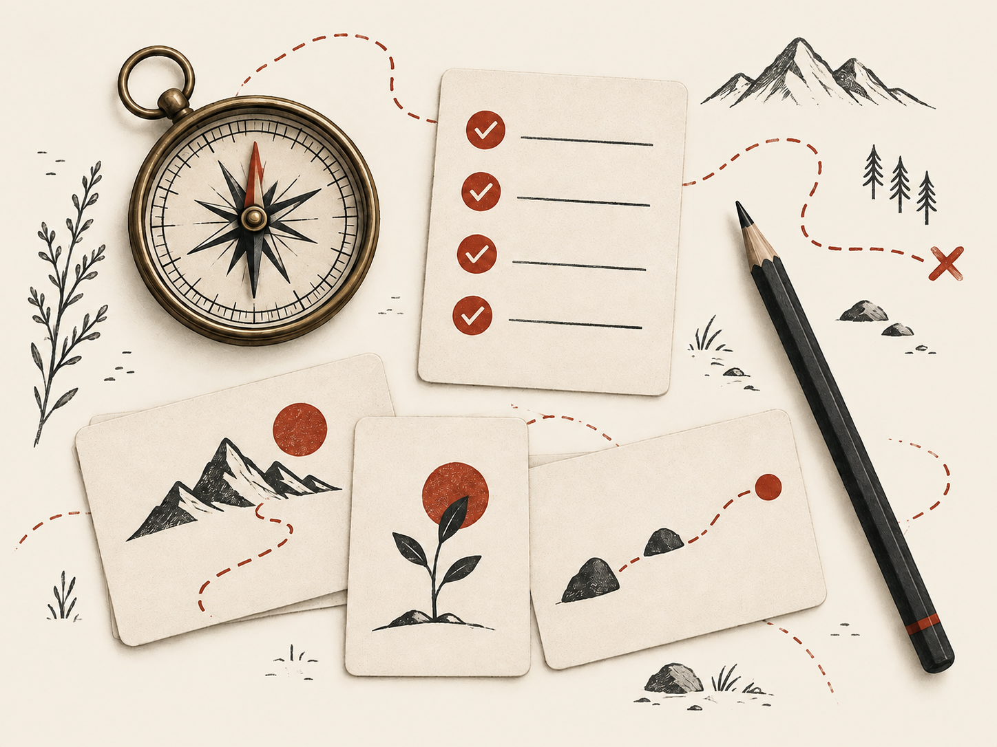 A field guide toolkit with a compass, checklist, strategy cards, and pencil